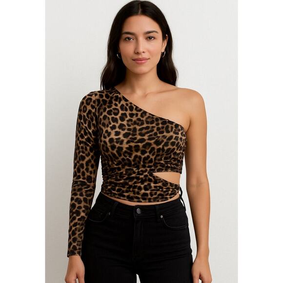 Mixed Threads Leopard Print One Shoulder Long Sleeve Crop Top M Cutout Ruched - Picture 1 of 6